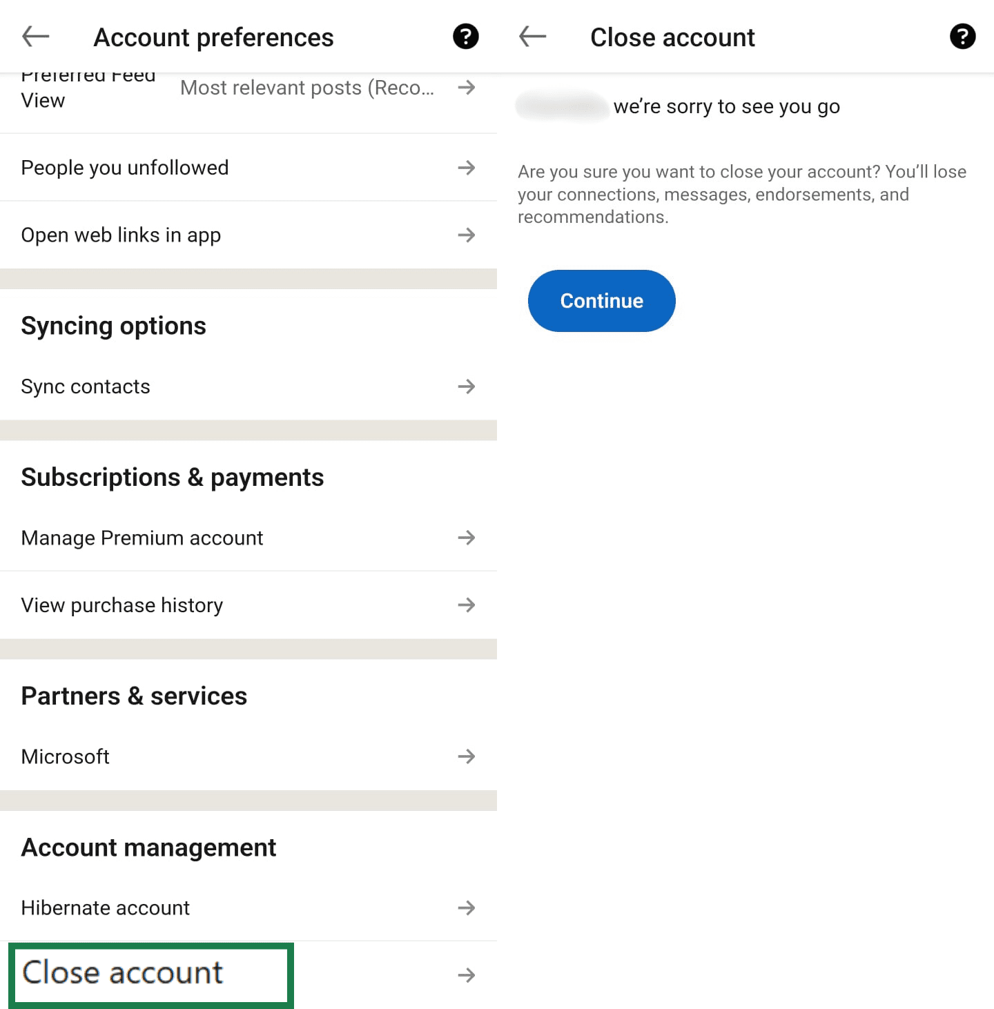 Two side-by-side screens showing the steps to close a LinkedIn account on mobile: tapping 