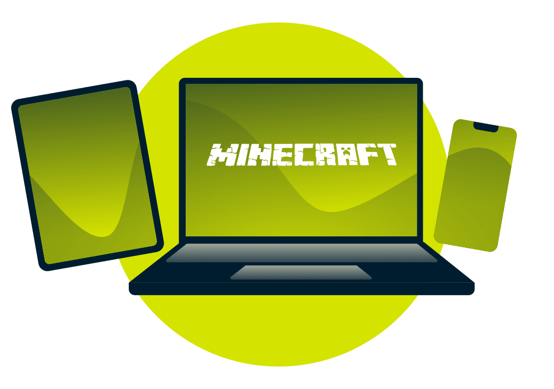 Ett utbud av enheter med Minecraft-loggan.