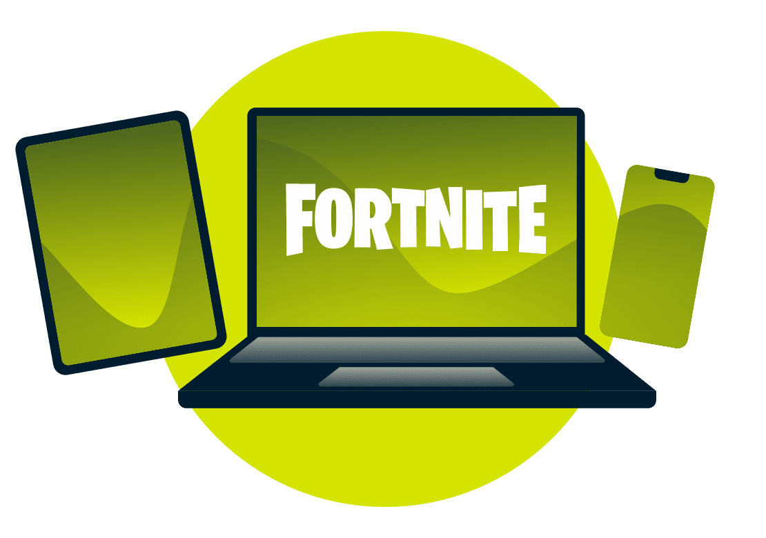 Erilaisia laitteita, joissa n&auml;kyy Fortnite-logo.